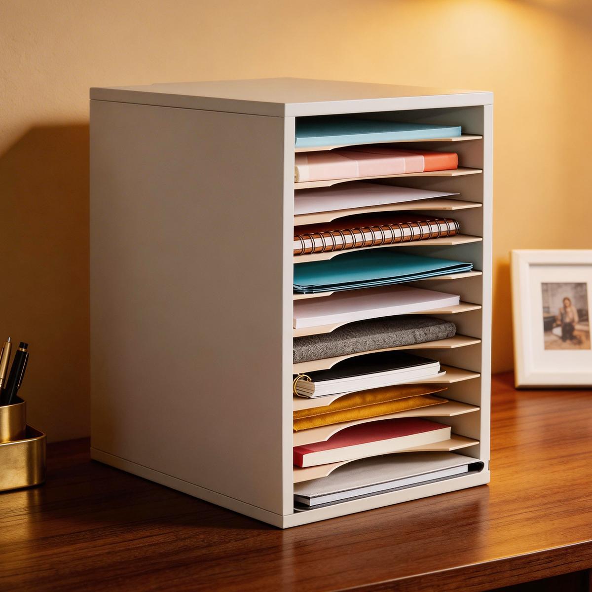 Vertical Desktop Organizer Rack with 11 Slots, Mail Sorting Stand, PVC Paper Classification Shelf, Adjustable Layers, Home Office Storage