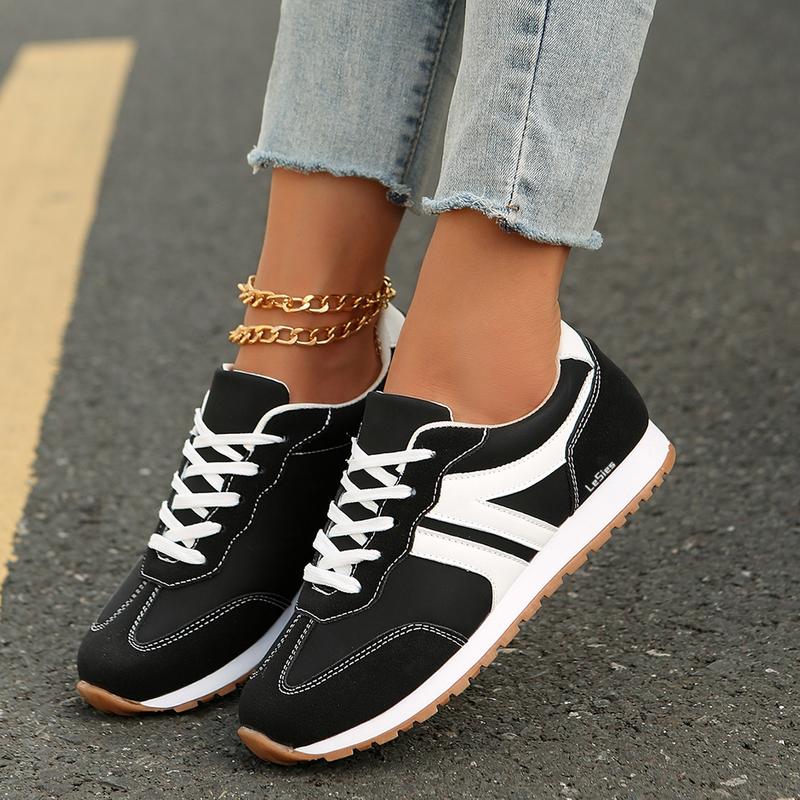 Women's Fashion Sneakers Casual Athletic Shoes - Solid Color Low Top Lace-Up with Plain Toe Fabric Inner PVC Sole For Women Springfresh