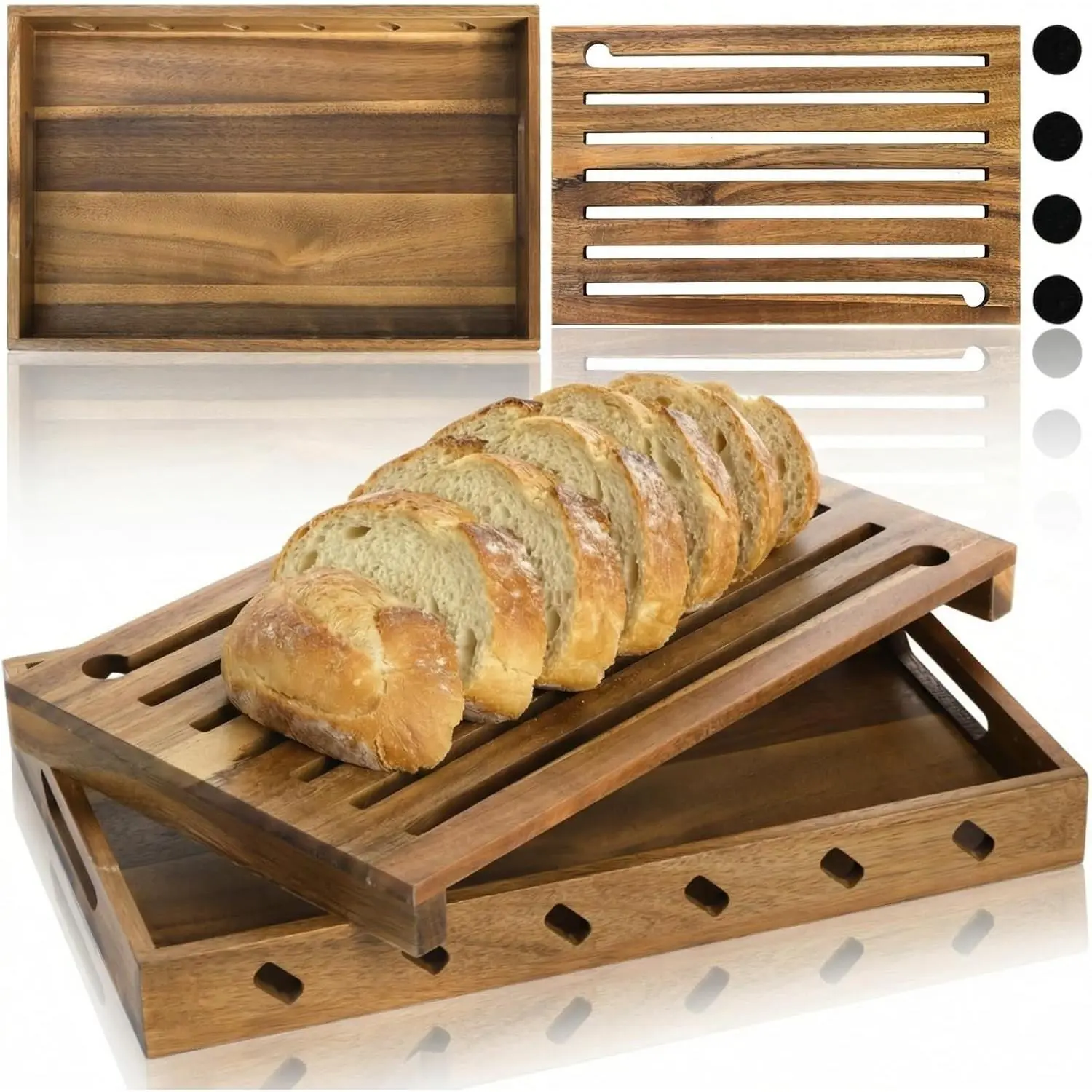 Wood Bread Cutting Board with Crumb Catcher, 15 Inch Bread Slicer Board with Crumb Holder Tray, Premium Natural Chopping Board for Bagels Sourdough Homemade Loaves, Double as Bread Serving Tray