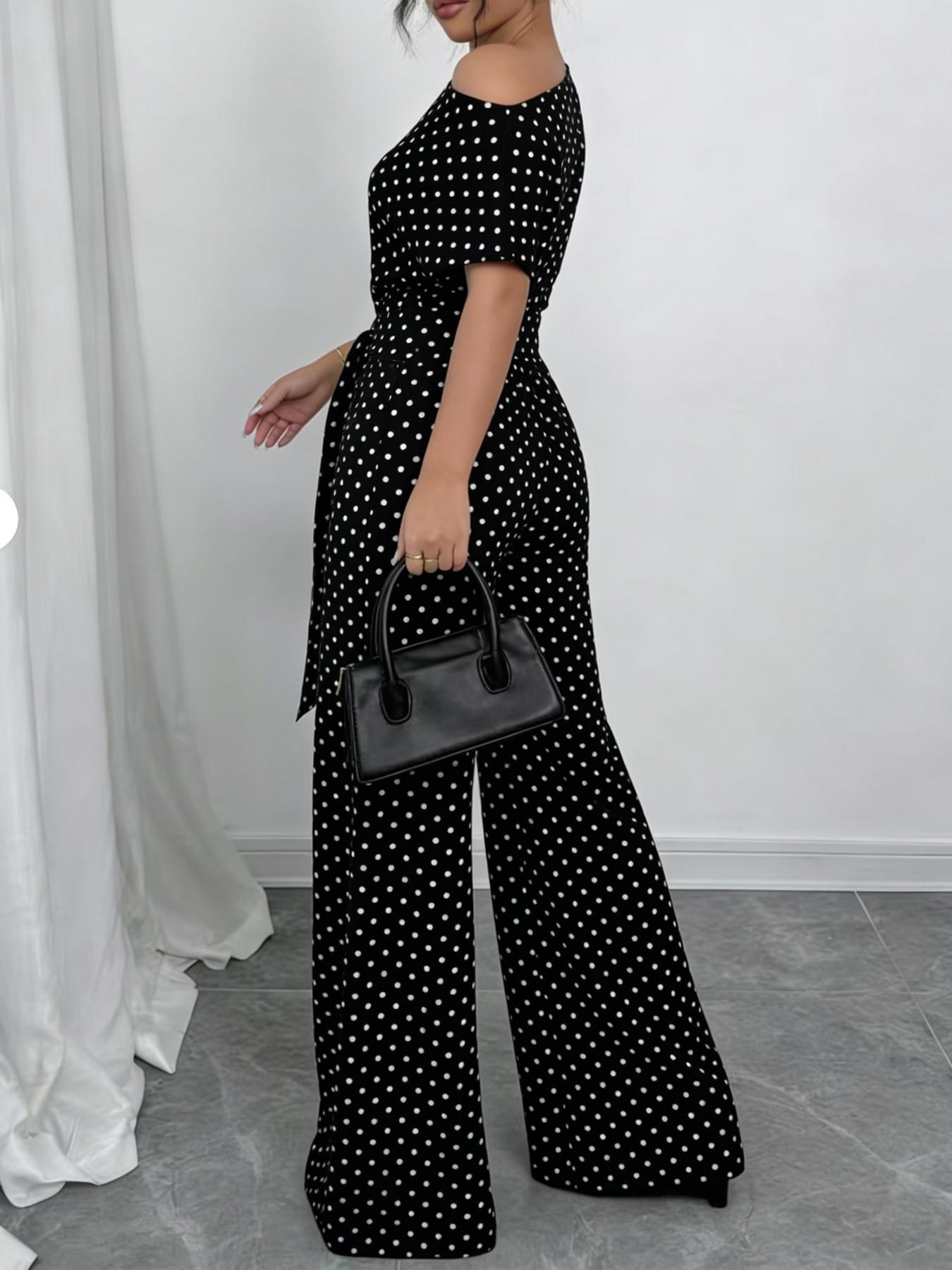 Women's Polka Dot Jumpsuit, Asymmetric One Shoulder, Short Sleeves, Waist Tie Belt, Wide Leg Full Length, Smooth Drapey Woven Fabric, Office Commute, Date Night & Party Wear, Breathable Non-Wrinkle Fabric, Elegant Retro Polka Dot Style