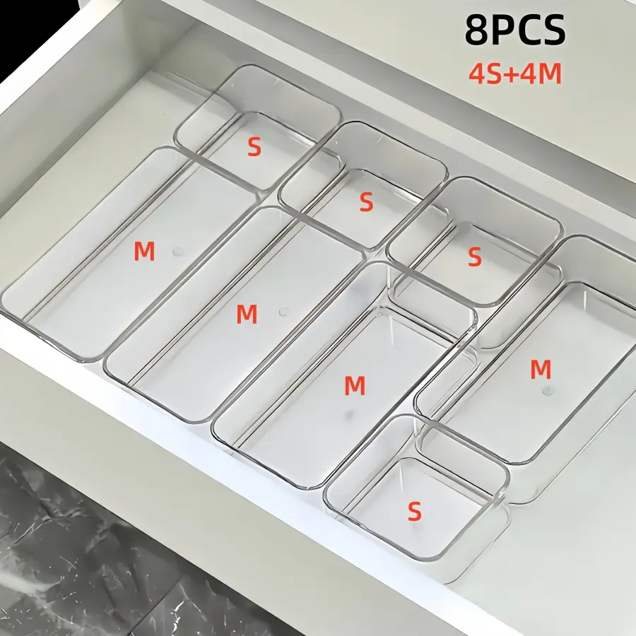 8 Piece Transparent Makeup Organizer Set, Cosmetics Organizer Storage, Beauty Organizer, Cosmetic Storage, Drawer Dividers & Desktop Storage Boxes, Clear Storage Box, Multi Grids Organizer, Divided Compartments, Durable Plastic Organizers