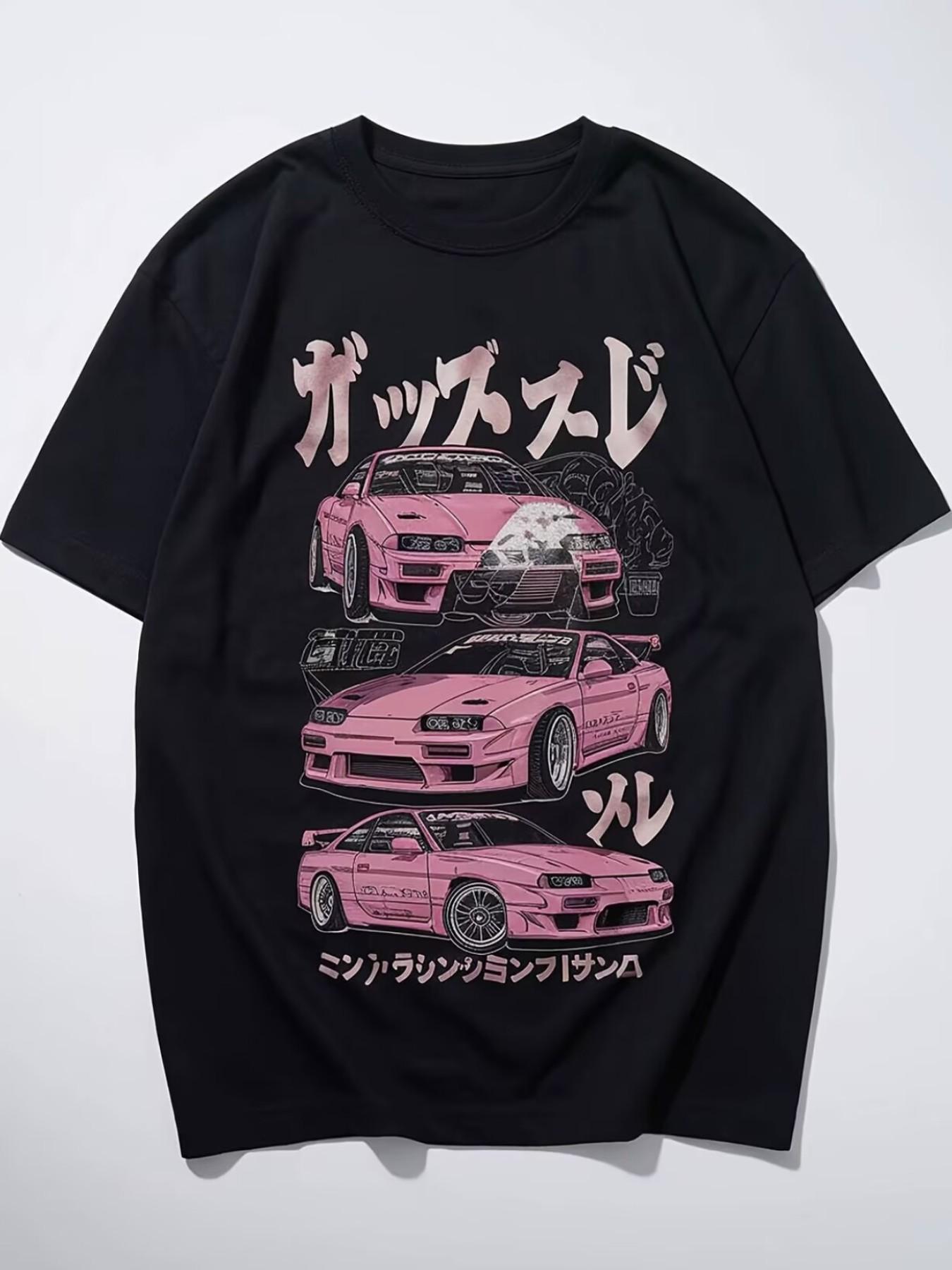 Japanese Style Jdm Car Print Short Sleeve T-Shirt, American Street Fashion Loose Fit, Unisex Casual Long T-Shirt