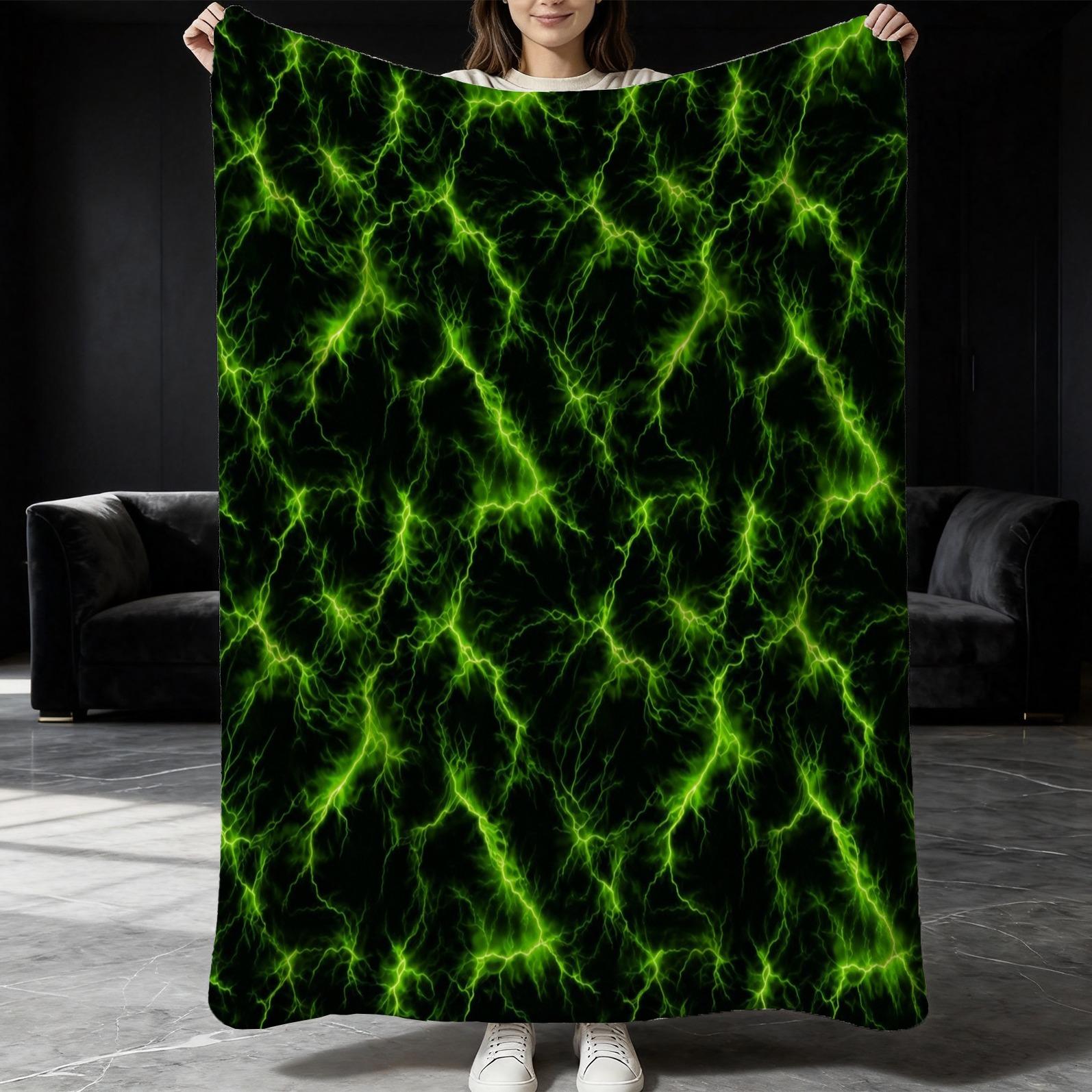 Purple Lightning Flannel Blanket, Single-Side Printed, Cool & Trendy Neon Style, Soft & Skin-Friendly, Multi-Use Throw for Sofa, Bed, Camping & Travel, All-Season, Perfect Gift Option