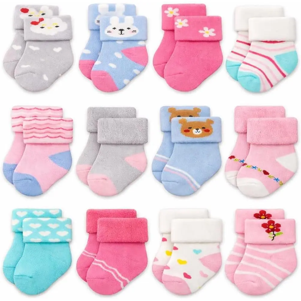 Unisex 12-Pairs Soft Breathable Knit Cotton Blend Terry Newborn Socks, Animal Character Motifs, Turn Cuffs, Elastane, for Infants 0-2 Years, Comfy, B14