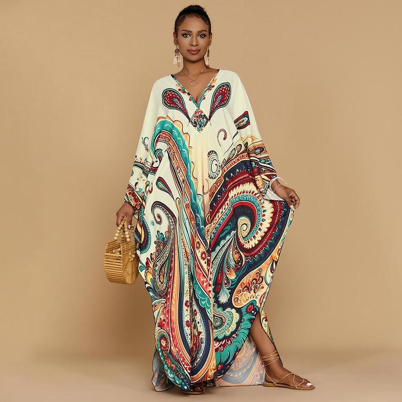 Bsubseach Women's Ethnic Print Kaftan Dress Plus Size All Over Print Sleeve Tunic Dress Boho Casual V Neck 3/4 Sleeve Tunic Dress for Women Mrs Roper Kaftan Bubu Mumu Casual Womenswear Summer Bohemian