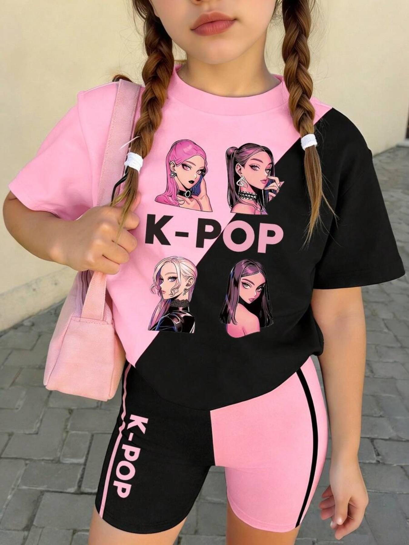K-Pop Girl Summer, Colorblock Letter Print T-Shirt + Slim Fit Shorts, Stage Performance Costume, Cartoon Pattern