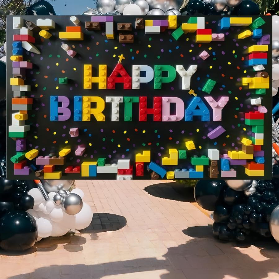 Colorful Building Blocks Birthday Banner -2D Flat Polyester Party Background Decoration with Balloon and Snowflake Design, Suitable for Living Room, Bedroom, Office, Birthday, Anniversary and Home Decoration, Outdoor and Indoor Parties