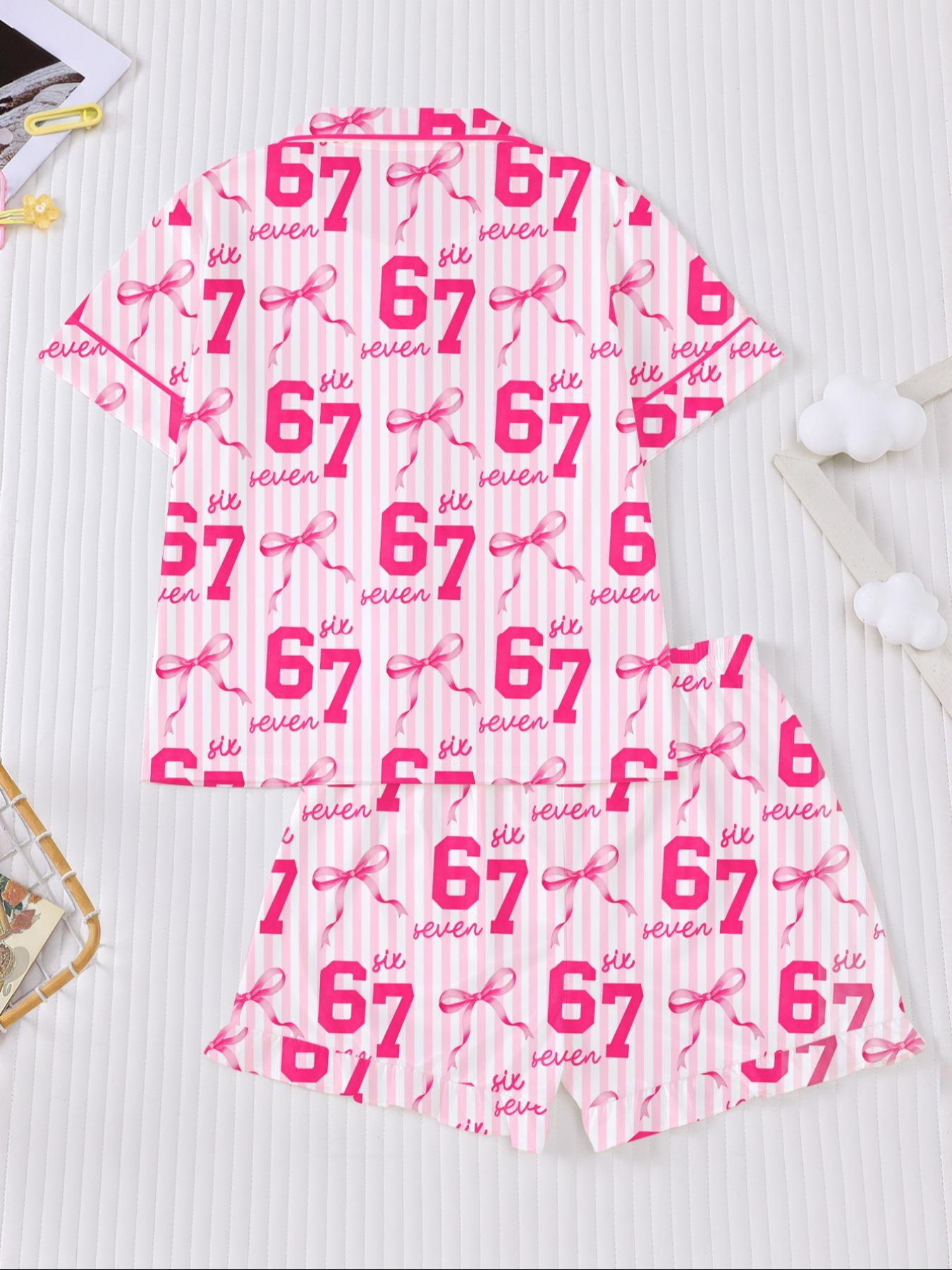 Striped Pajama Set, Fire-Retardant Button-Front Ruffled Shirt & Elastic-Waist Shorts, Casual Cartoon Print Sleepwear