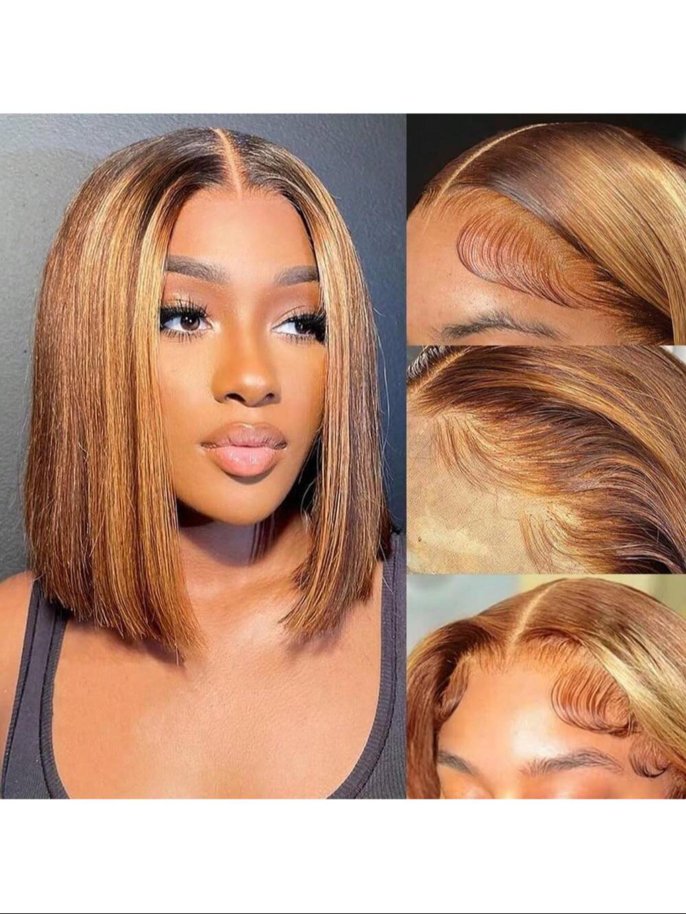 Human hair blend brown ombre blonde Bob straight wig. Blonde Ombre Bob Wig with Dark Roots Brazilian Remy Human  main image 2