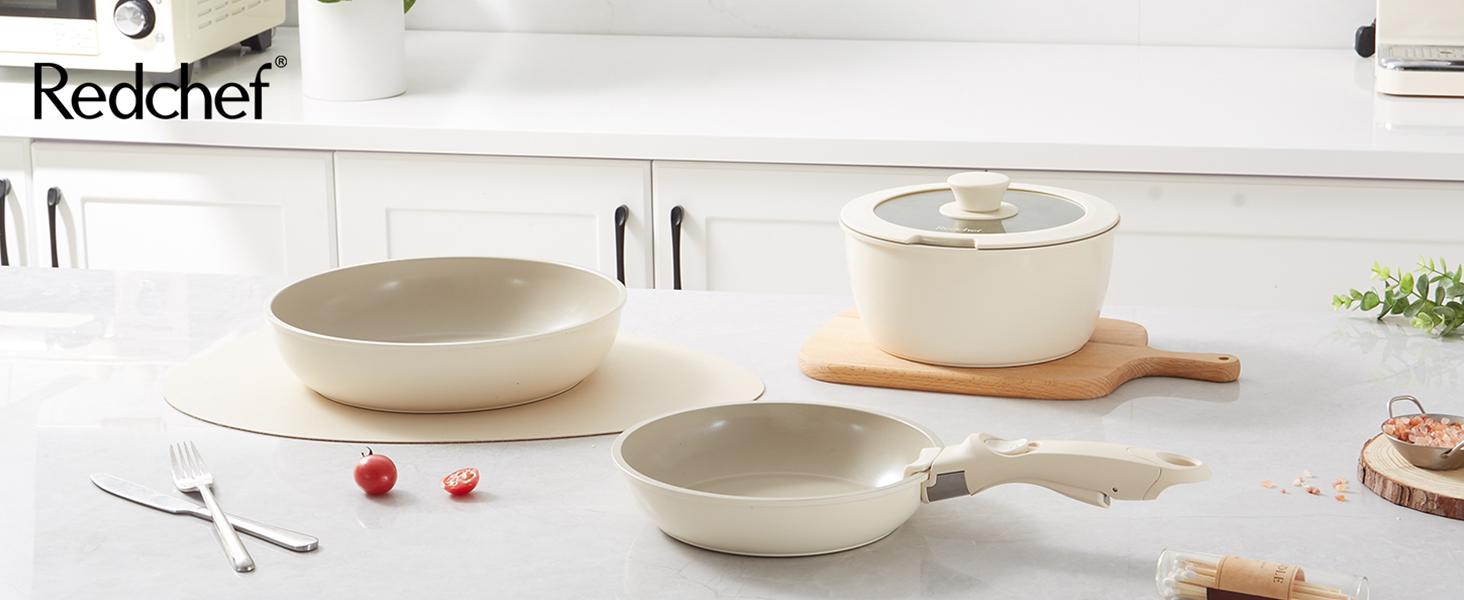 【New Year Sale】Redchef Removable Handle Pots And Pans Non Stick, Ceramic Cookware Set, RV Cookware Set, Non Toxic Pots And Pans Set No PFAS & PTFE & PFOA, Detachable Pots And Pans, Dishwasher & Oven Safe