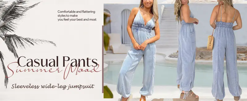 utcoco Women's Retro Cotton Denim Overalls Jumpsuit - Spaghetti Straps, Sleeveless, Deep V-Neck, Adjustable Straps, Elastic Waist, Wide-Leg, Functional Pockets, Casual Lounge-Party Wear