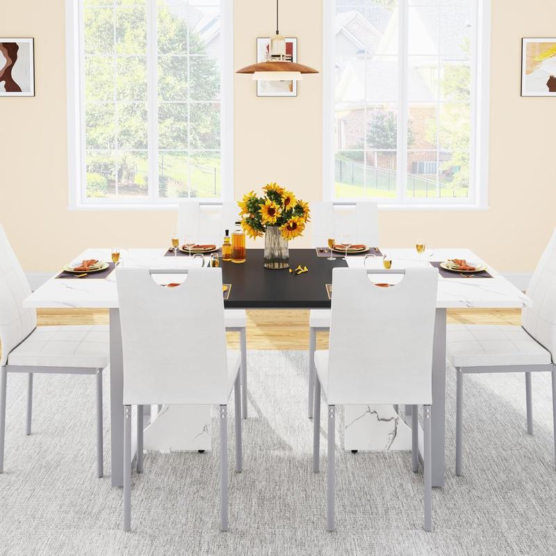 70IN Large Dining Table for 4 5 6 People,White Kitchen Dinner Table W/Marble-Color Wood Waterpoof Tabletop,Rectangular Family 6FT Dining Tables w/Adjustable Leg for Office Home Living Dining Room
