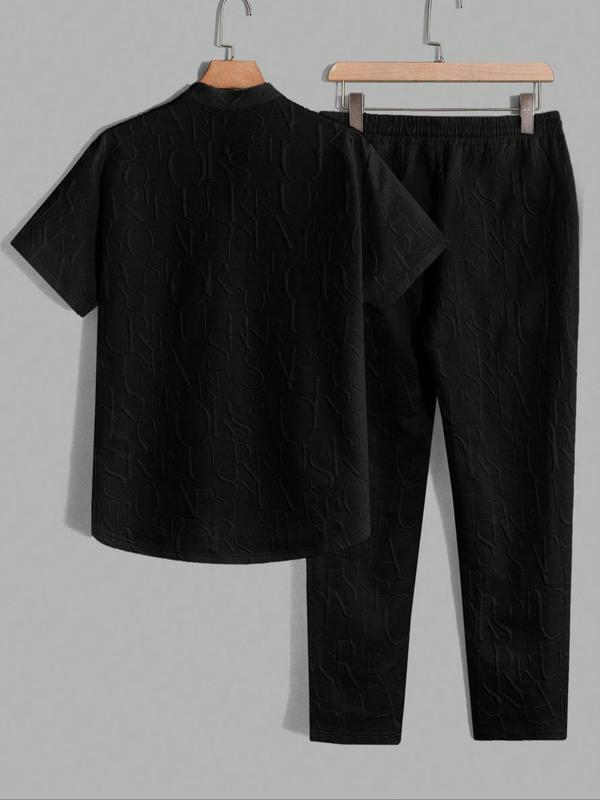 KZZ Men's Textured Letter Embossed Tee & Drawstring Waist Pants Regular Fit Casual Short Sleeve Notched Neck Top Above the Ankle Elastic Waist Trousers Spring Fall Clothe，FallFreshness christmas gifts for him SpringStatements