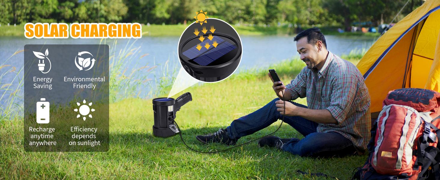 Rechargeable Searchlight Bright LED Spotlight Flashlight with 6 Modes Solar Panel Waterproof for Hunting Camping Boat 3000mAh Battery IPX5 Waterproof