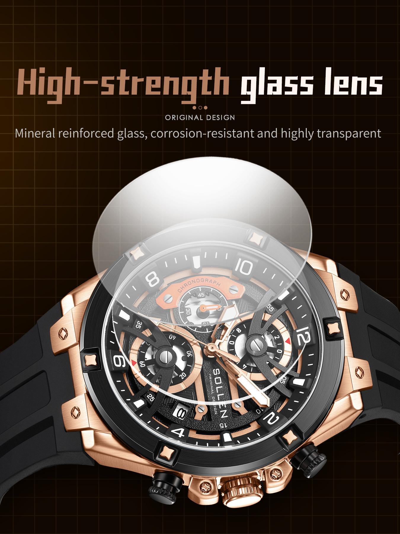 SOLLEN Men's Sports Chronograph Watch Large Dial Date Multi-Function Quartz Water-Resistant Silicon Strap Luminous Waterproof Gift for Birthday Boyfriend Husband Valentine's Day Father's Day Wedding 720