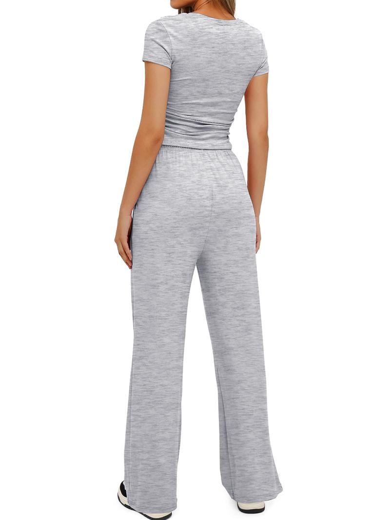 Women's Spring Summer Casual Set, Round Neck Short Sleeve Top & Wide Leg Pants, Slim Fit Home Wear, 2 Piece, Ruched Design, Drawstring