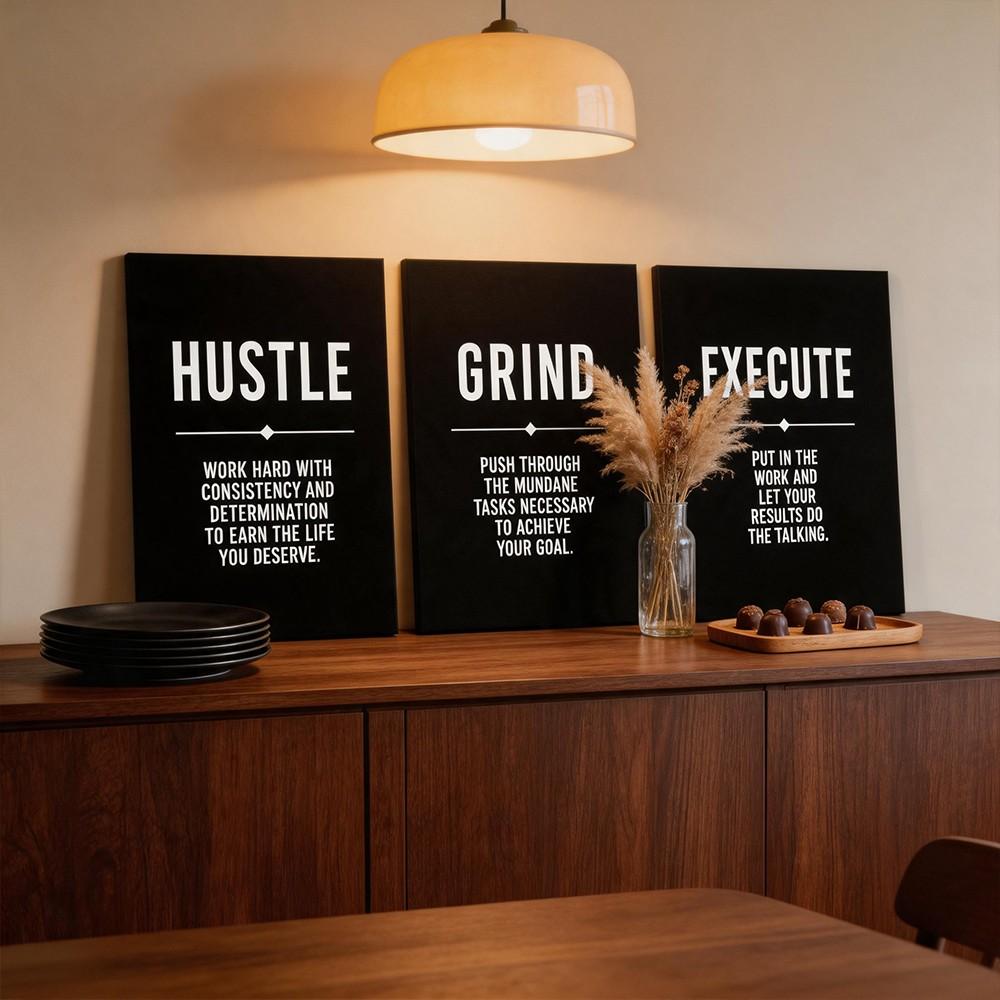 3-Panel Wooden-Framed Canvas Wall Art, Black Background Hustle Grind Execute Motivational Text Print, HD Canvas Prints, Inspirational Wall Decor For Office & Workspace, Modern Home Art, Ideal Entrepreneur Gift