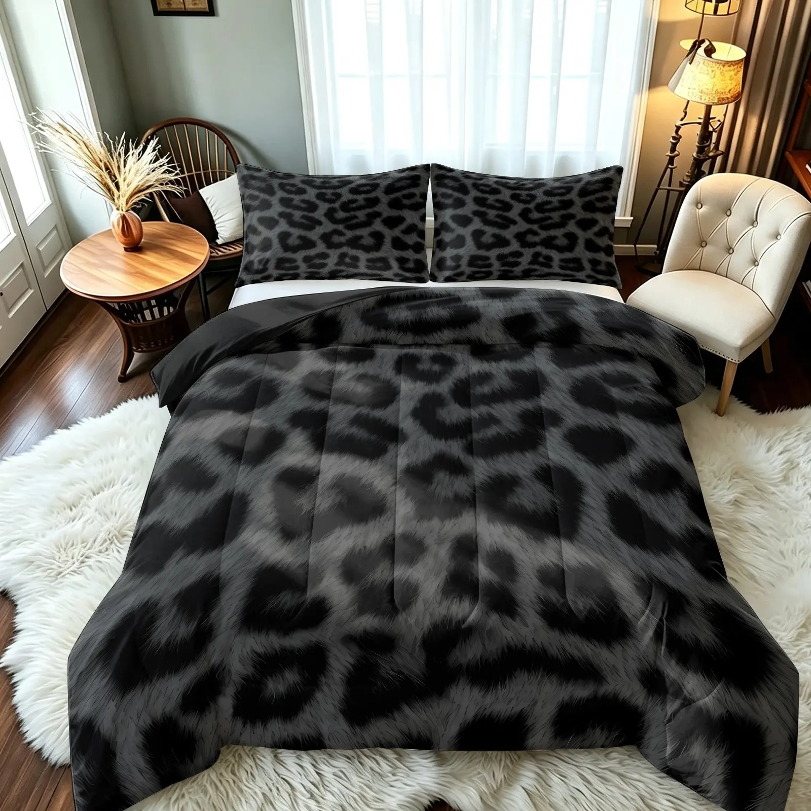 Leopard Print Comforter Set, Black Grey Gradient Furry Fur Texture Wild Animal Skin Bedding, Soft Microfiber All Season Dark Fluffy Leopard Bed Comforter with 2 Pillowcases for Bedroom Guest Room Decor