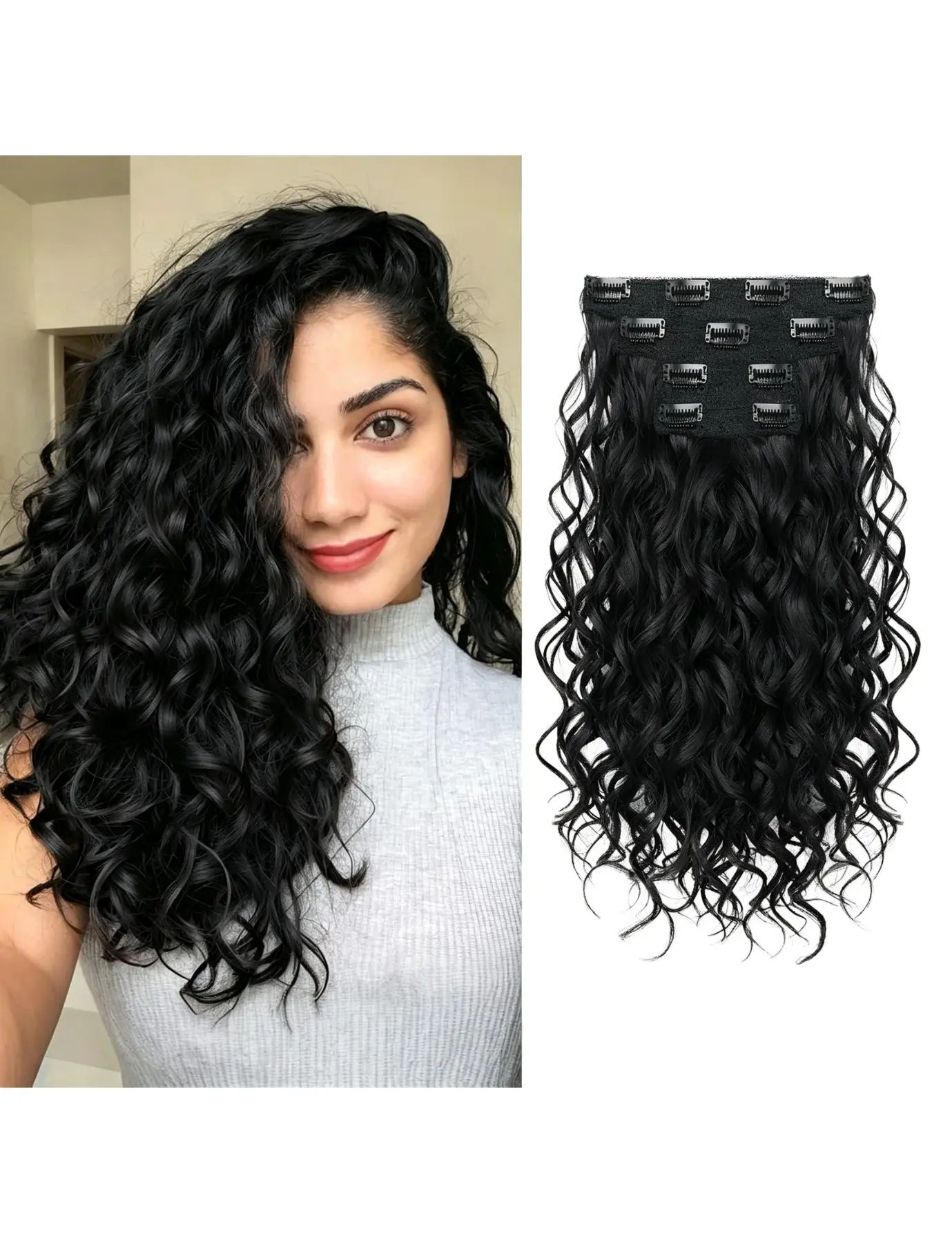 Curly Hair Extensions, 4PCS 16 inch Clip in Hair Extensions Lace Weft Short Curly Clip Ins Invisible synthetic hair for Women