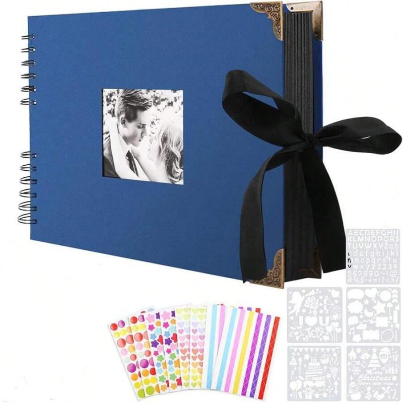 Spiral-Bound DIY Scrapbook Kit, Hardcover Photo Album with Ribbon Closure, Complete Set with Stickers & Stencils, Personalized Memory Journal for Weddings, Travel, Birthdays and Anniversaries