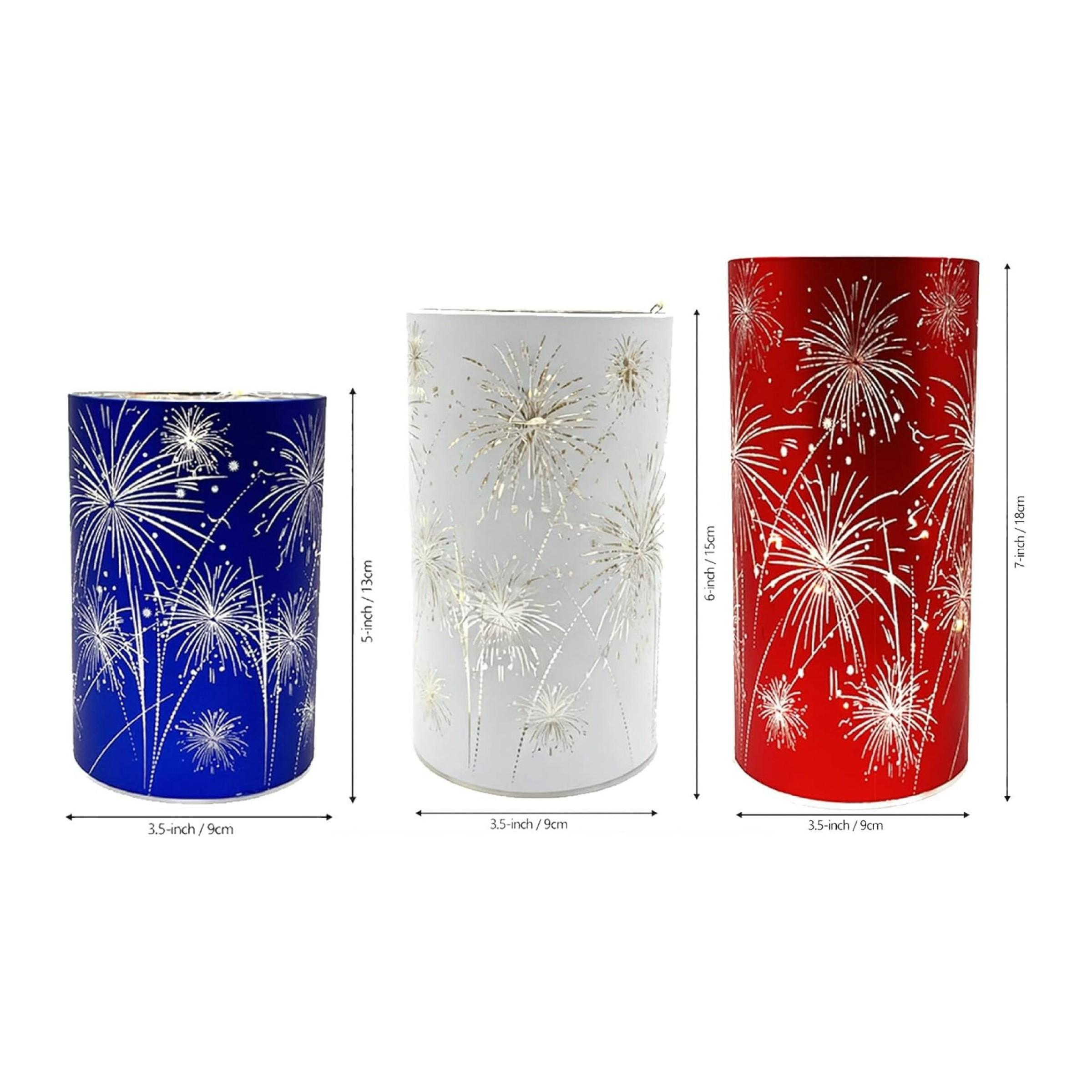 3-Piece Electronic Candle Holder Set, Candle Holders for Table Centerpiece, Home Decor Tabletop Centerpieces for Birthday Parties and Weddings, Featuring Cylindrical Frames with 'Bursting Fireworks' Pattern and LED Light Sources, Available in Warm White