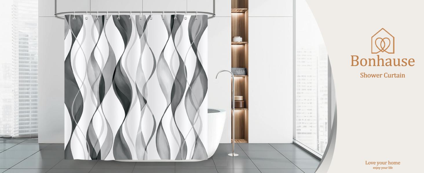 Gray Striped Shower Curtain 72x72 Inch, Modern Abstract Wavy Line Bathroom Curtain, Water-Resistant Polyester Fabric Bath Curtain with 12 Hooks, Minimalist Bathroom Decor