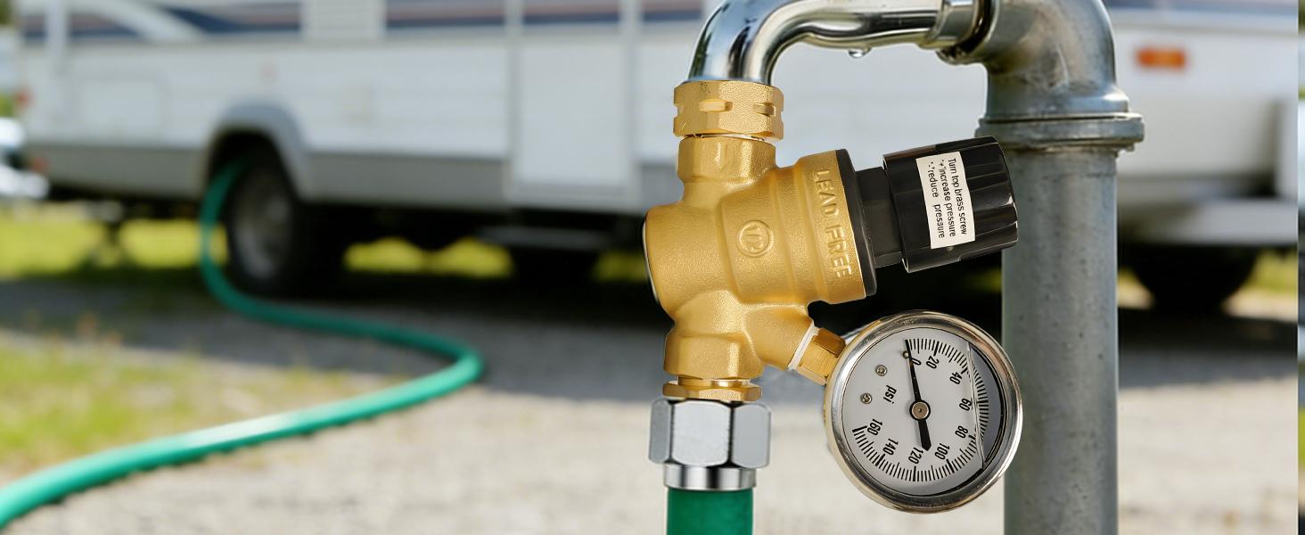 RV Water Pressure Regulator, Adjustable Handle Brass Water Pressure Regulator, Water Pressure Reducer with Gauge and Inlet Screened Filter for RV Camper Travel Trailer