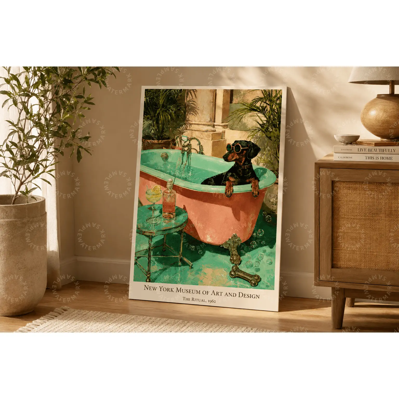 Dachshund Bathtub Canvas Poster, Vintage Funny Dog Wall Art, Whimsical Bathroom Aesthetic Poster, Bedroom Wall Art, Living Room Decor, Office Wall Art, Pet Lover Gift, Modern Eclectic Home Decor