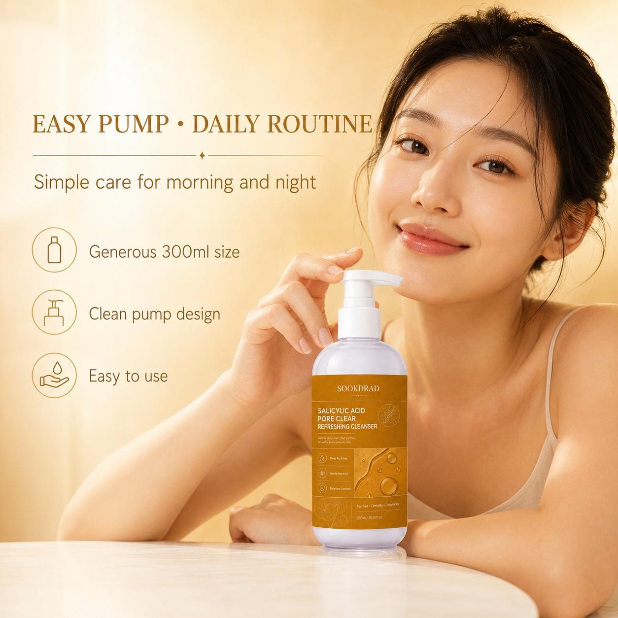 Salicylic Acid Pore Clear Refreshing Cleanser, contains Tea Tree, Centella, Ceramides, deep purifying, gentle renewal, balanced comfort, for face, all skin types, daily facial care, facial cleansing, 300ml