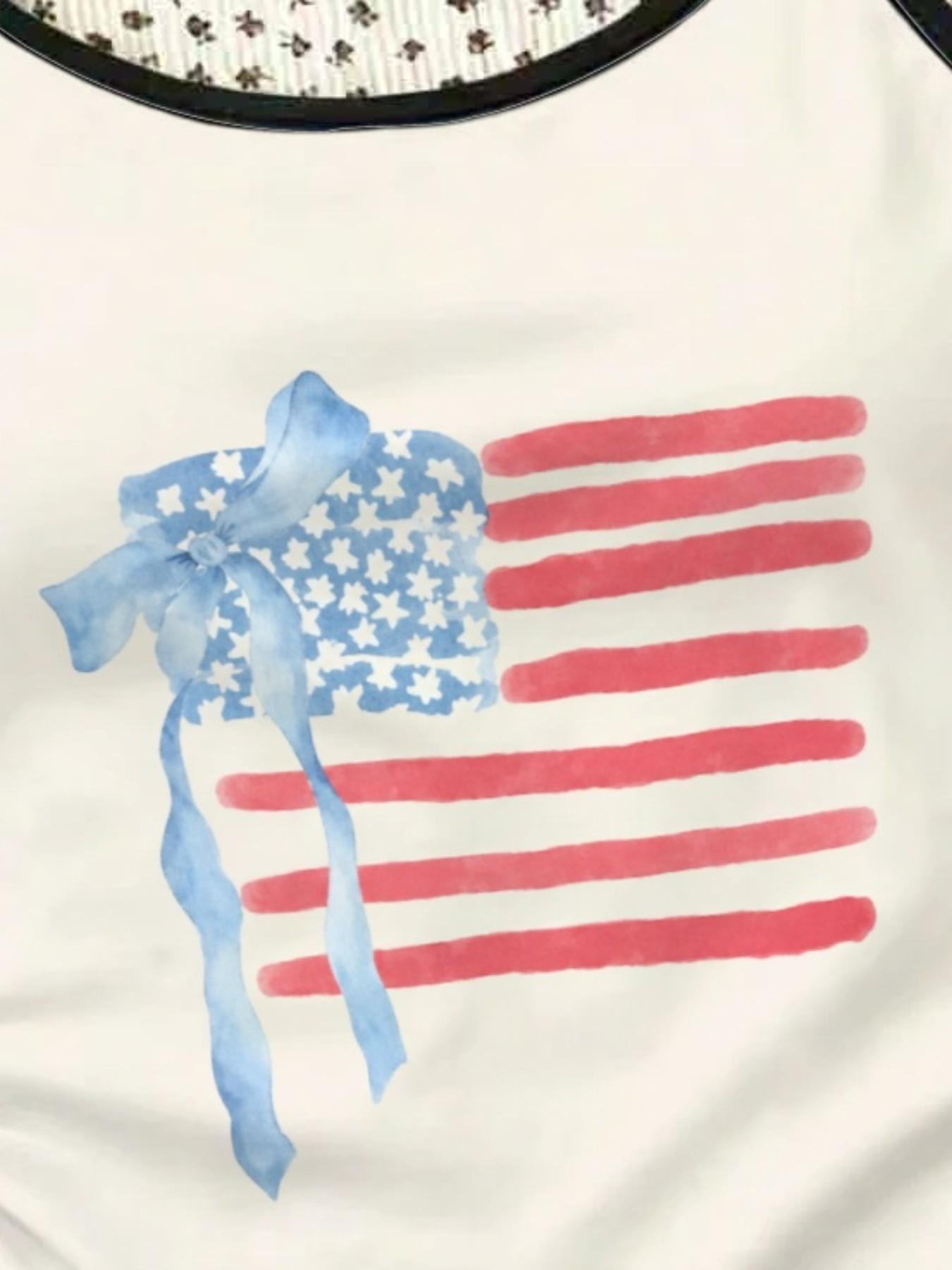 1-piece set, featuring a patriotic theme watercolor American flag blue bowknot girls' short Camisole Vest, with adjustable thin shoulder straps, girls' American Independence Day patriotic Casual Flattering Sleeveless style summer camisole shirt