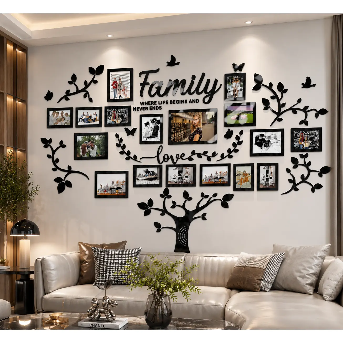 DIY 3D Acrylic Large-Size Multiple-Parts Family Tree Picture Frame Collage Decorative Sticker, Wall Decal for Living Room Home Decor