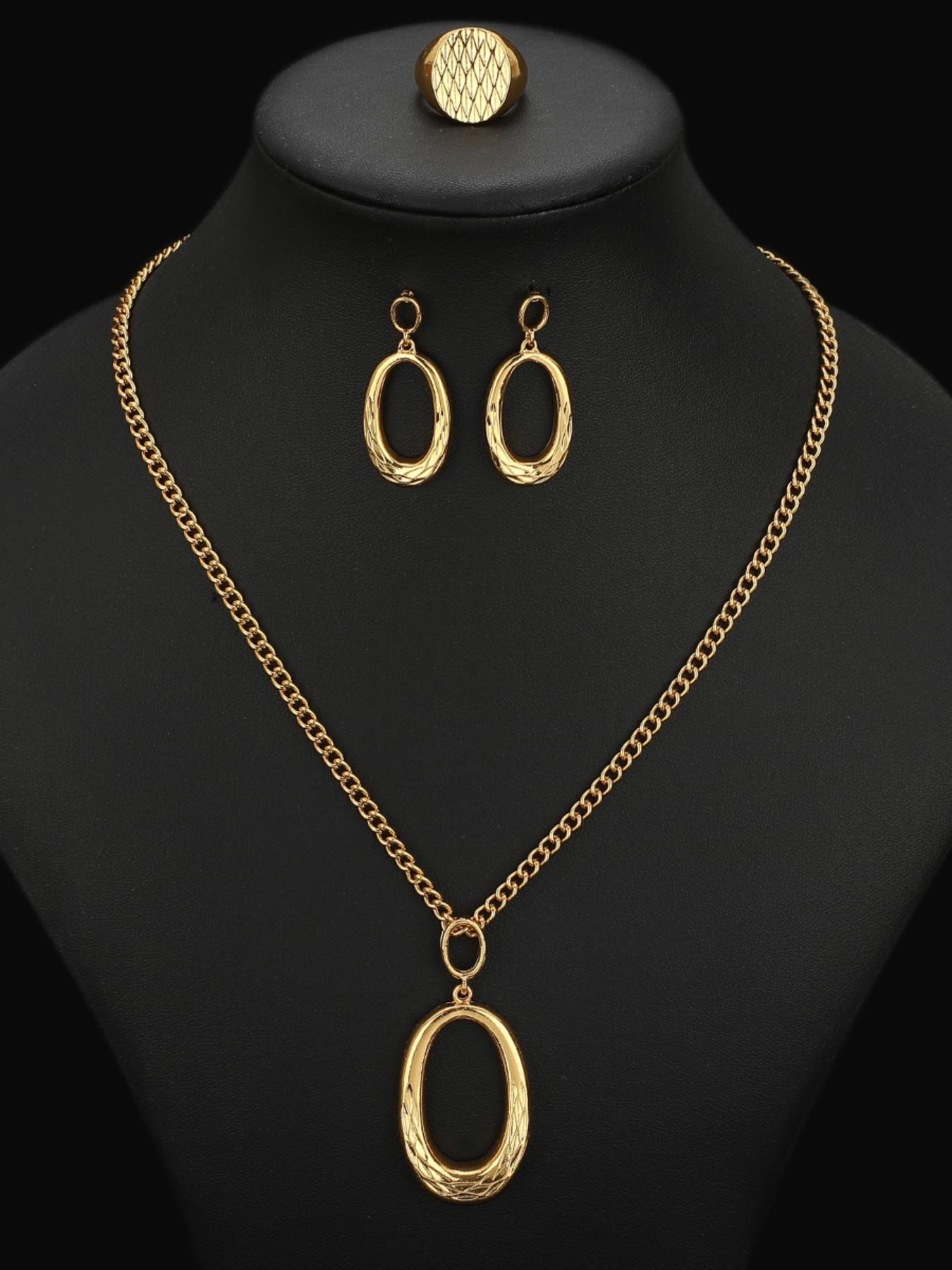 4 Piece Set Vintage Oval Geometric Jewelry, Necklace Earrings Ring, Elegant Party Wedding Accessories, All Seasons