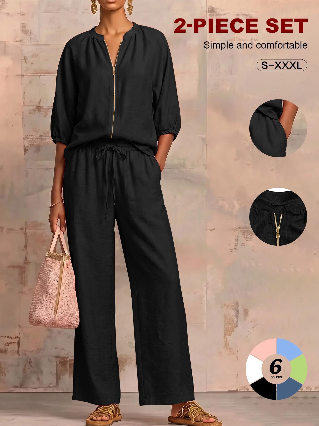 2026 Summer French Stand Collar Zipper Linen Feel Loungewear Set, Spring Fall Three-Quarter Sleeve Top + High Waist Wide Leg  Pants Casual