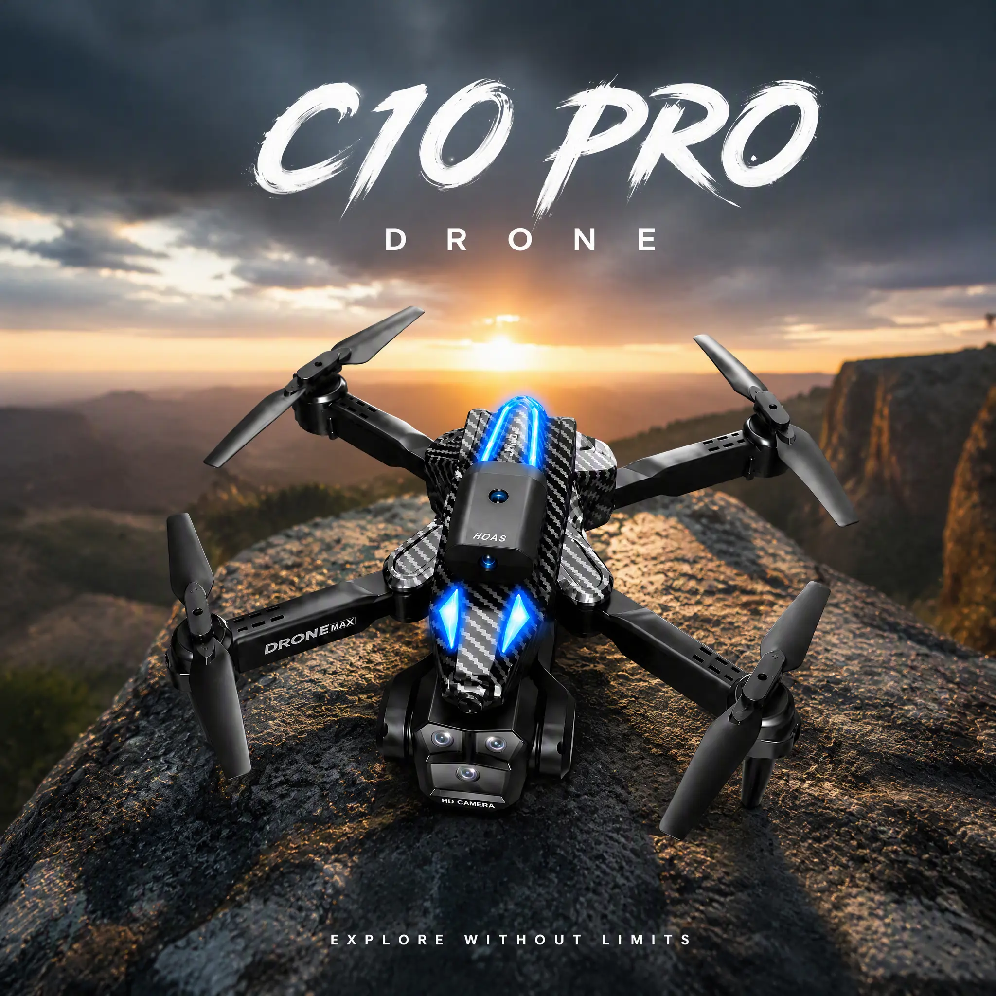 C10 Black Plastic Body RC Drone Quadcopter Toy with Cam, Multi-Lens Configuration, 2 Rechargeable Batteries, Full Accessories for Outdoor Flying