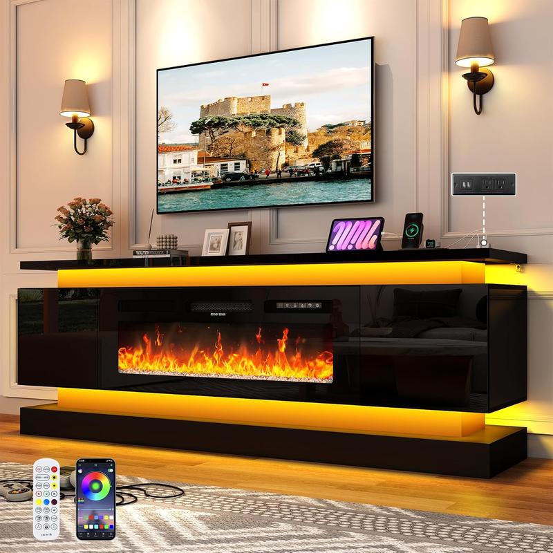 71in Fireplace TV Stands w/40 inch Fireplace Power Outlet for 85/80/75 Inch TV,High Glossy Modern TV Console Gaming Entertainment Center with 2 Storage Cabinets,Dual LED Lights,Black/White