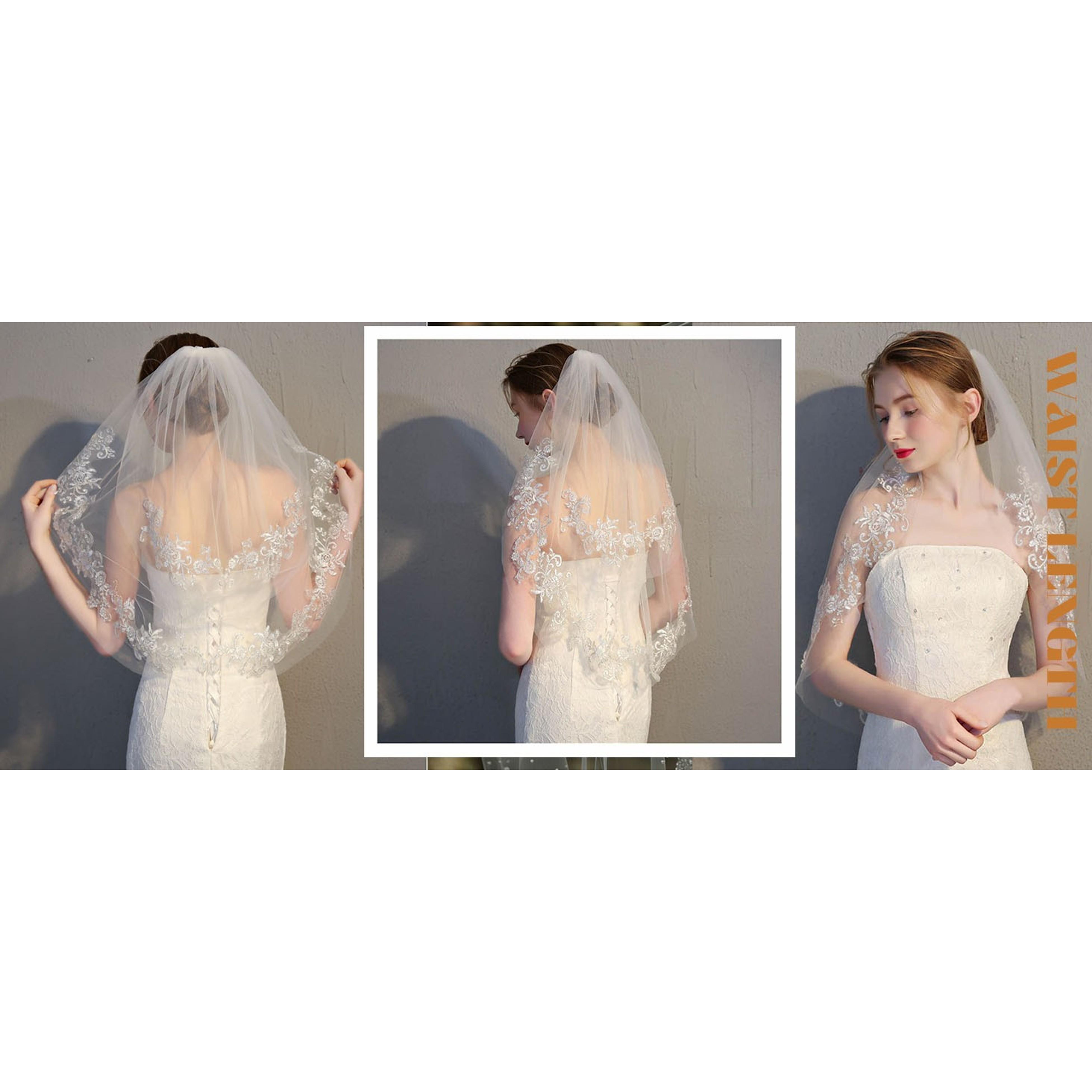 Short Bride Wedding Veils with Floral Lace, 2 Tier 2T Waist Length Soft Tulle Hair Accessories Short Bride Wedding Veils with Floral Lace, 2 Tier 2T Waist Length Soft Tulle Hair Accessories