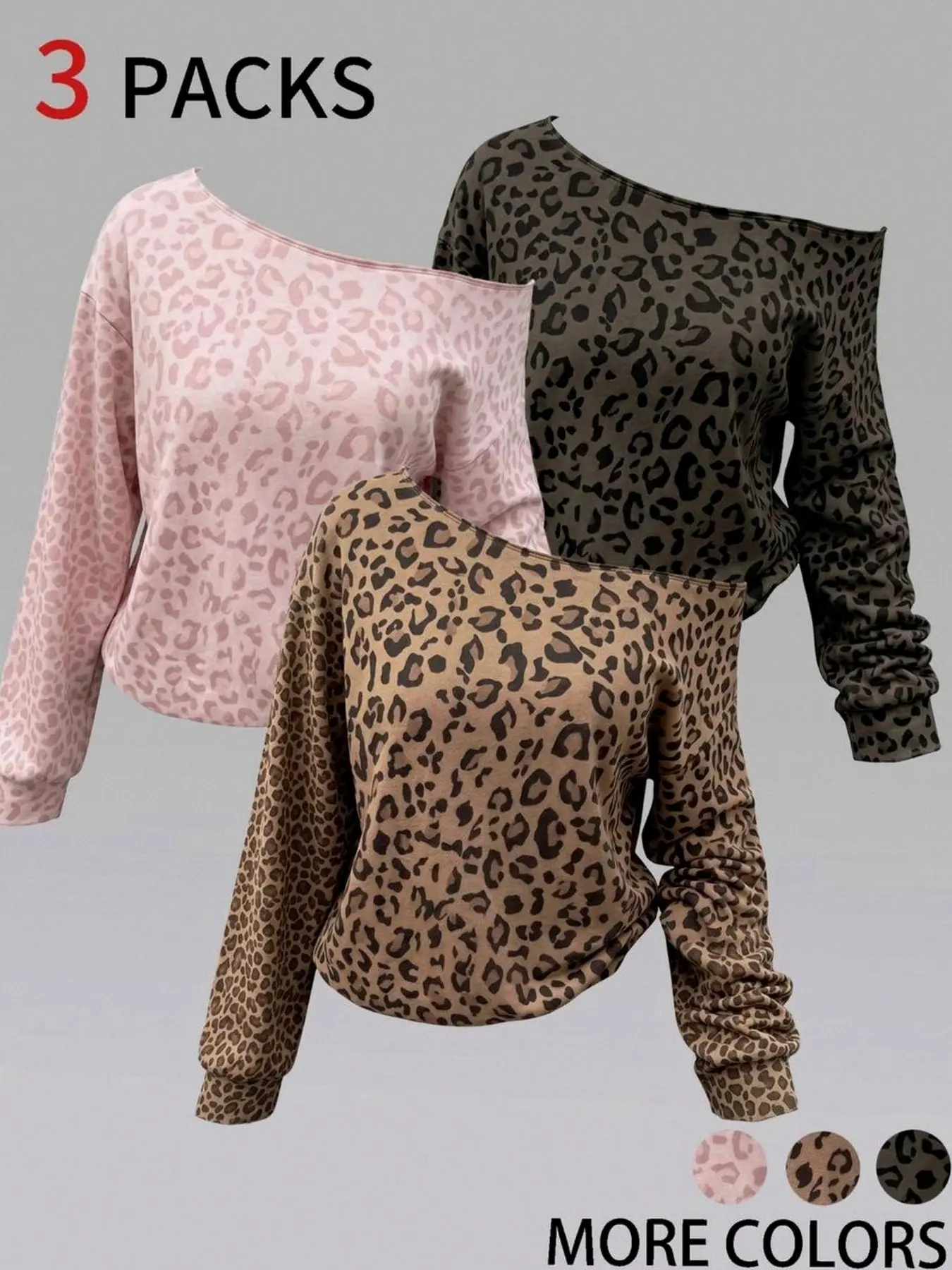 3 Packs Women's Autumn Winter Trendy Off Shoulder Long Sleeve Leopard Print Tops, Loose Slouchy Drop Shoulder Oversized Boat Neck Casual Pullover Sweatshirts in Pink Brown Dark Grey Multi Pack for Daily Streetwear