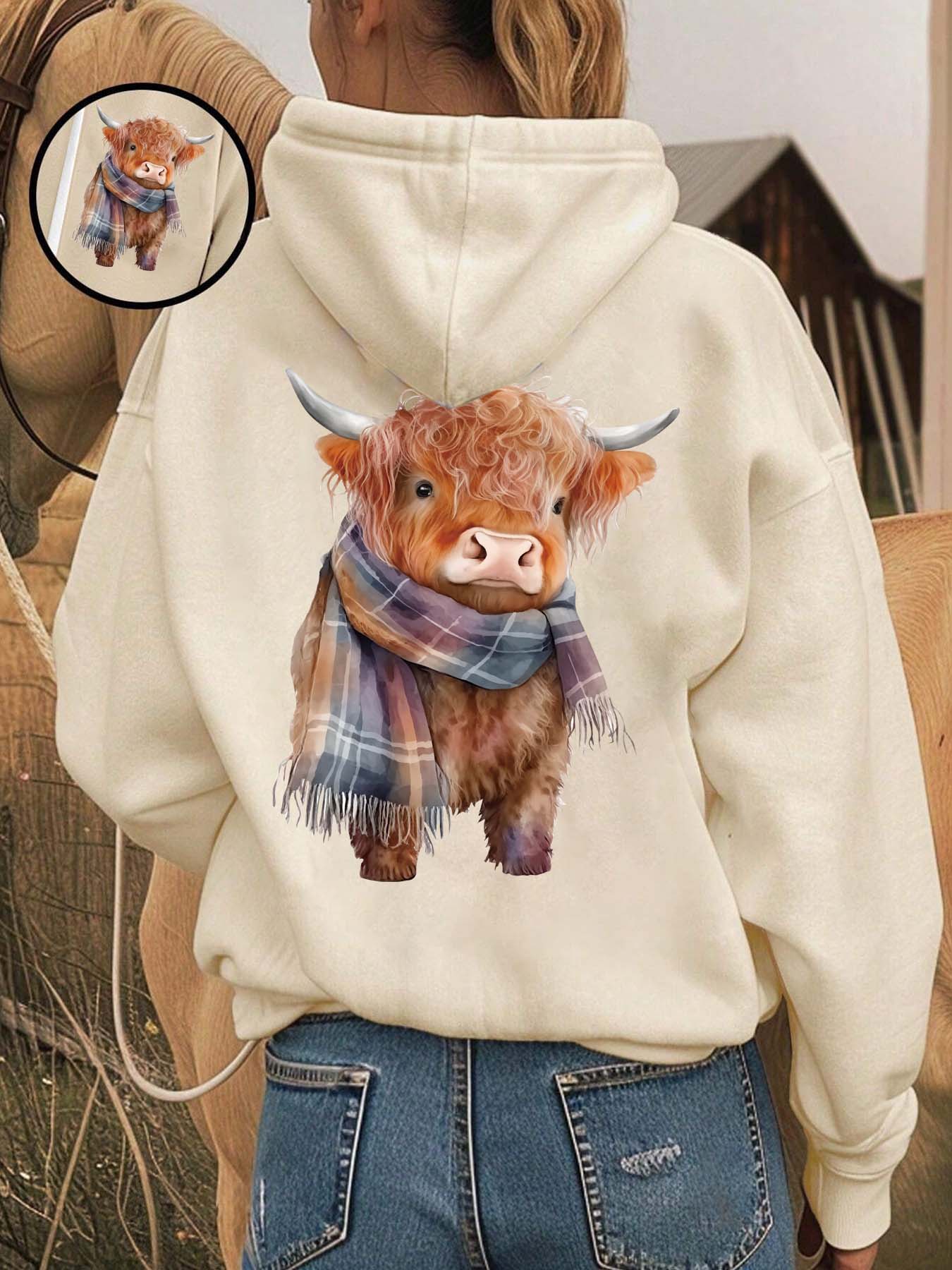 Cozy Fleece-Lined Printed Hooded Fitted Long Sleeves Sweatshirt, Funny Sweatshirt, Cute Highland Cow Animal Design, Unisex Casual Winter Fashion Womenswear with Soft Warm Plush Interior for Cold Weather Aesthetics, Casual Fitted Hoodie