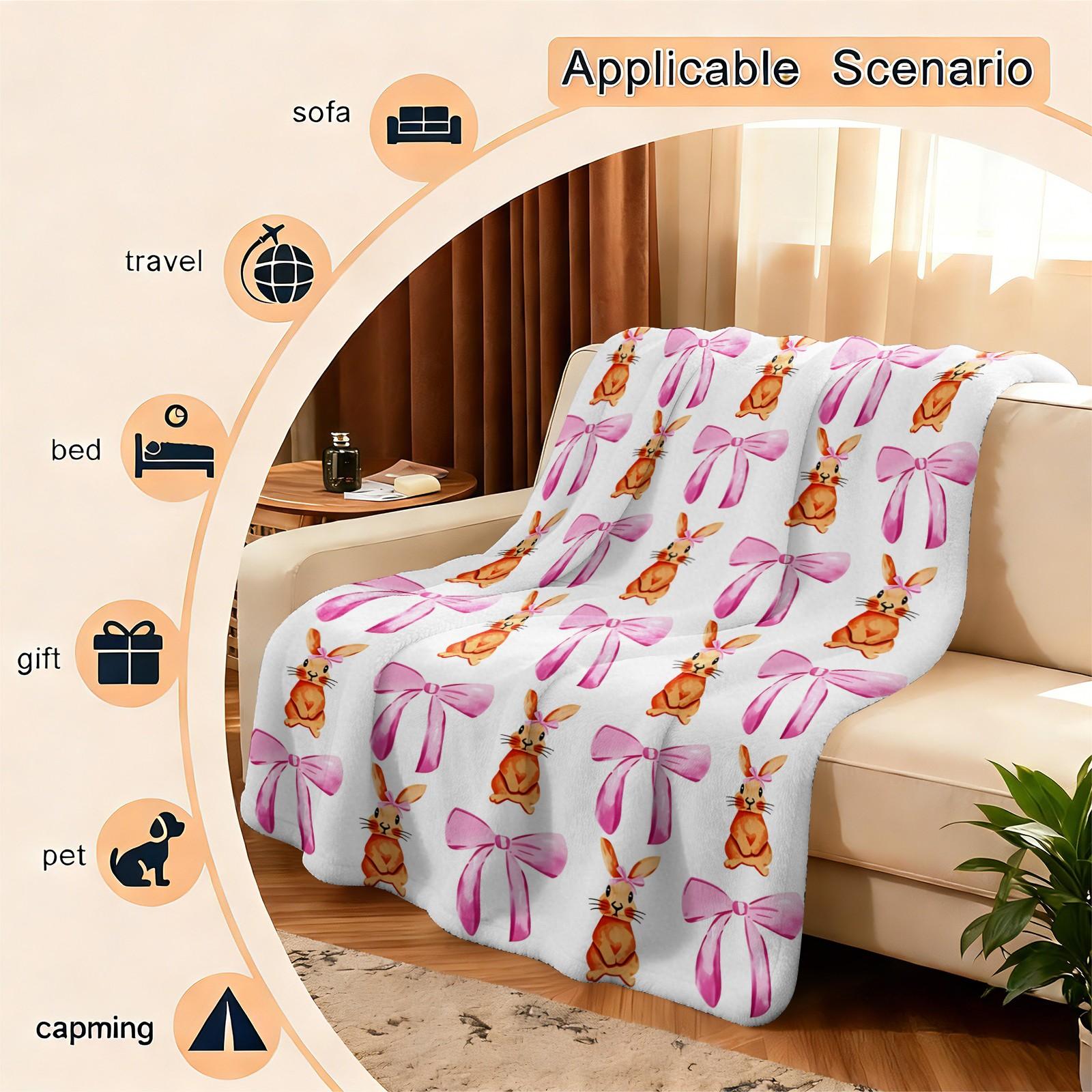 Cute Bunny & Cucumber Print Flannel Throw Blanket, Soft Warm Fleece Blanket with Pink Bow, Cozy Plush Gift Blanket for Couch Bed Sofa, Lightweight Decorative Blanket for All Seasons, Perfect Gift for Friends & Family