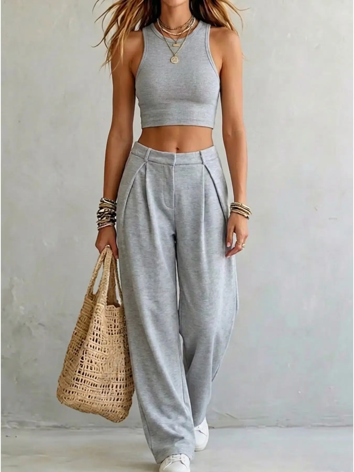 2026 Spring New Gray Wide Leg Baggy Sweatpants for Women, Y2K Double Pleated High Waist Loose Drop Floor-Length Pants, Lazy Casual Figure-Flattering Outfit