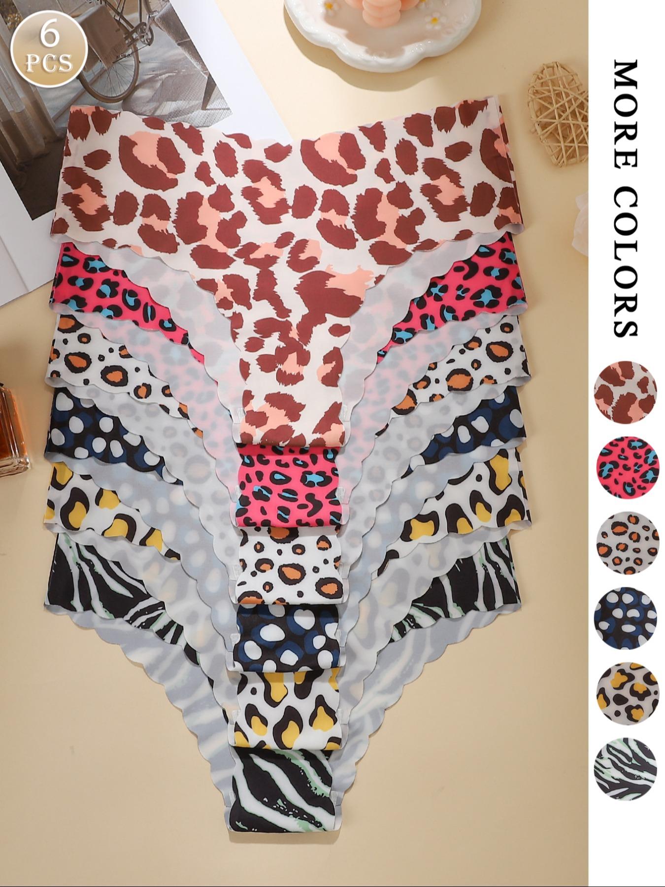 Women's Solid / Leopard Print Scallop Trim Brief, Soft Comfy Breathable Seamless Panty for Daily Wear, Women's Underwear for All Seasons, Solid Print Knicker