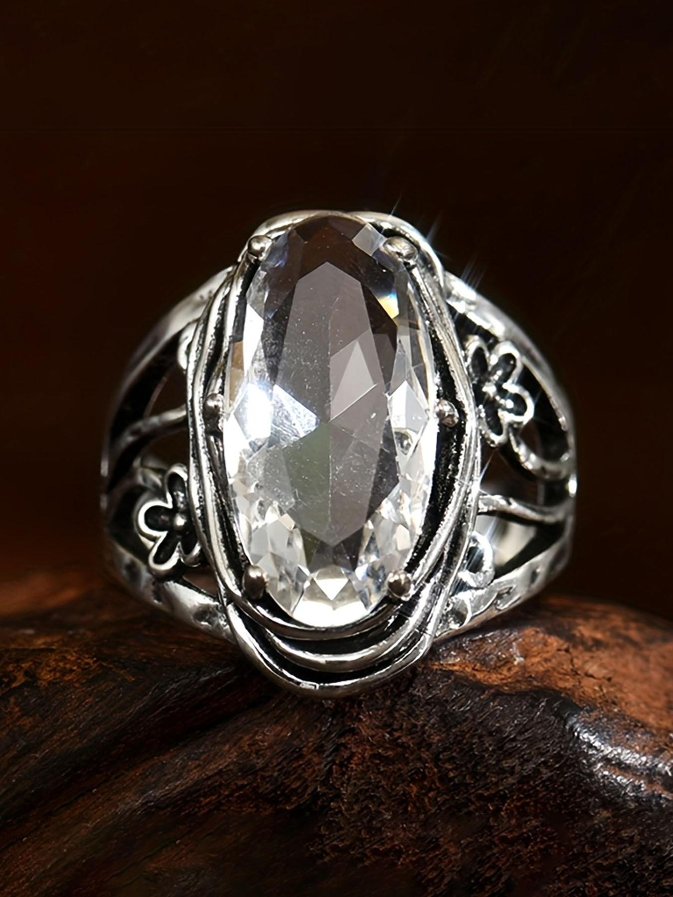 Boho Style Women's Ring, Vintage Ethnic Oval Zircon Hollow Flower Design, Versatile Party Jewelry, Unique Personalized Accessory, Boho Style Rings