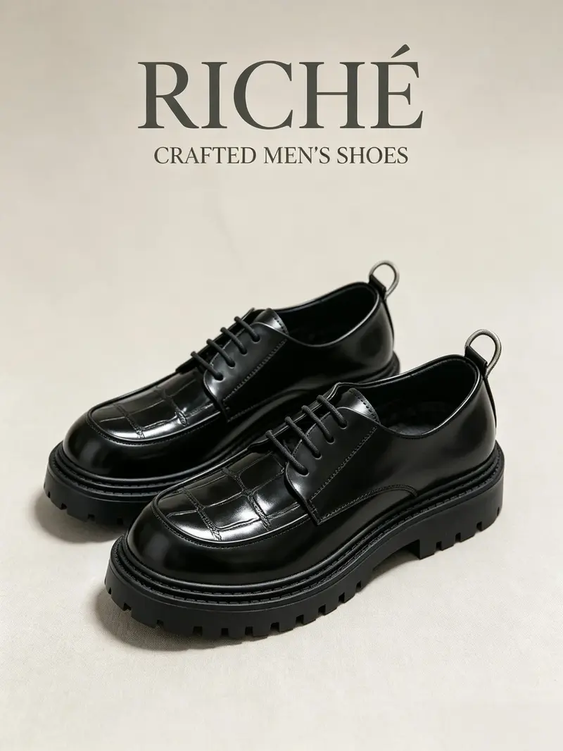 Men's Crocodile Pattern Lace-Up Derby Shoes, British Vintage Heel, Casual Leather Shoes, Trendy Streetwear, Commuter, Versatile Low-Top Dress Shoes, British Style Footwear