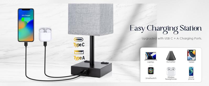 Bedside Lamp with USB Ports - Touch Control Table Lamp for Bedroom with USB C+A Charging Ports & AC Outlets, 3 Way Dimmable Nightstand Light for Living Room (LED Bulb Included)