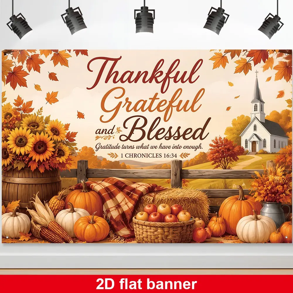 2D Flat Thanksgiving Banner, 1pc, Gratitude Background Wall, Autumn Sunflower Pumpkin Church Maple Leaf, Polyester Fabric, Religious Theme Party Decoration, Decorative Banner