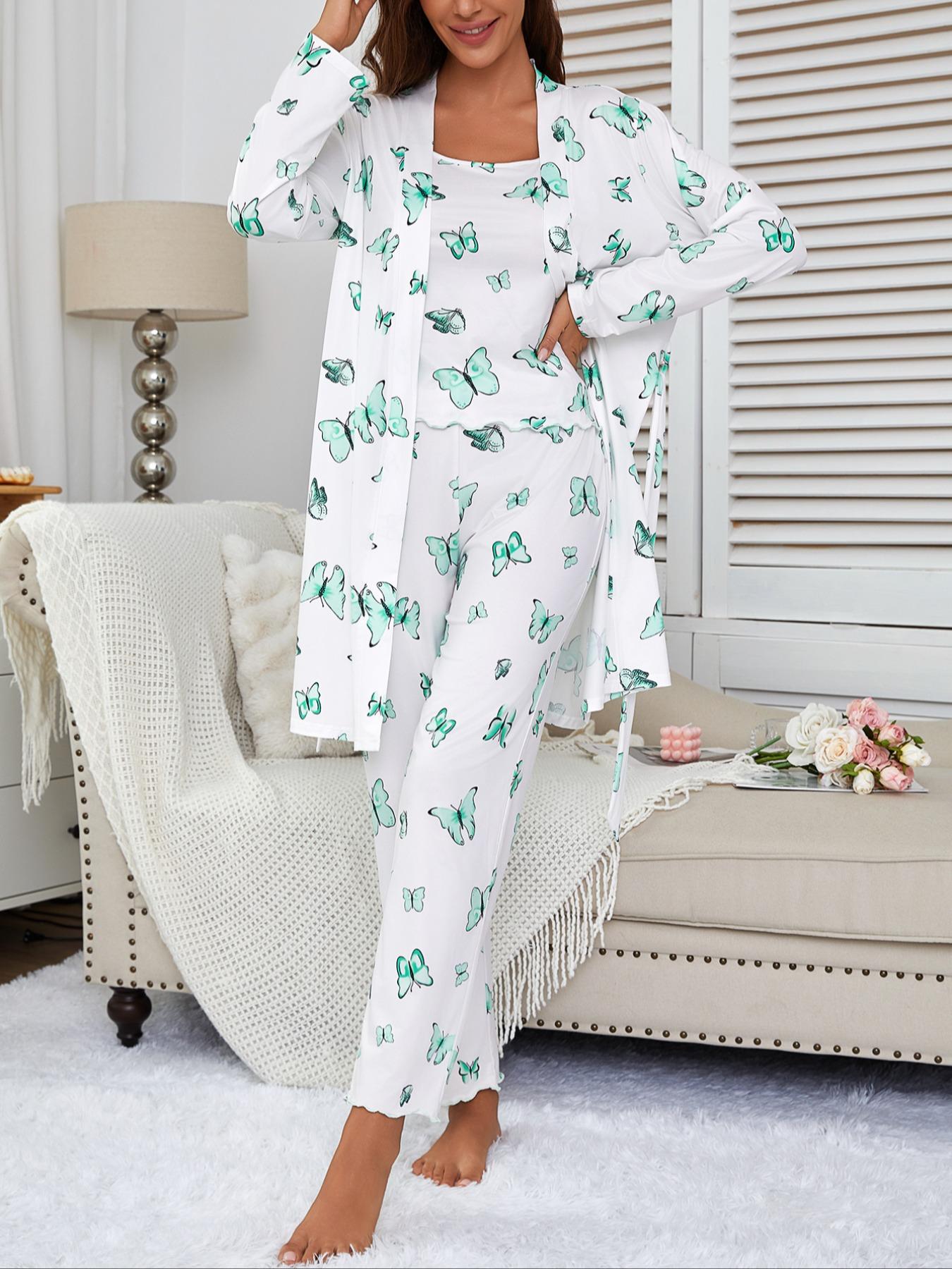 Women's Butterfly Print Robe Set with Spaghetti Strap Pants, Comfortable Casual Home Wear Loungewear, All-Season Fitted Sleepwear