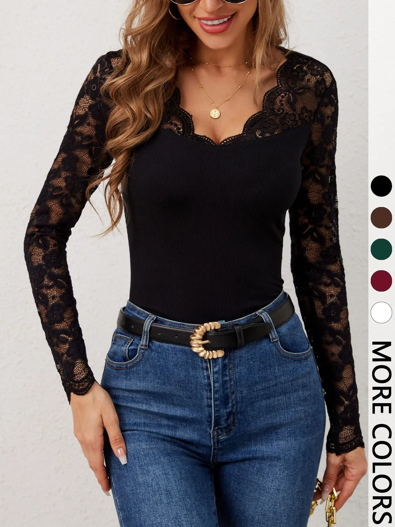 Sexy Lace Patchwork Long Sleeve Top, V Neck Slim Fit Elastic Underwear, Transparent Lace Sleeves for Night Out, All Seasons Fashion