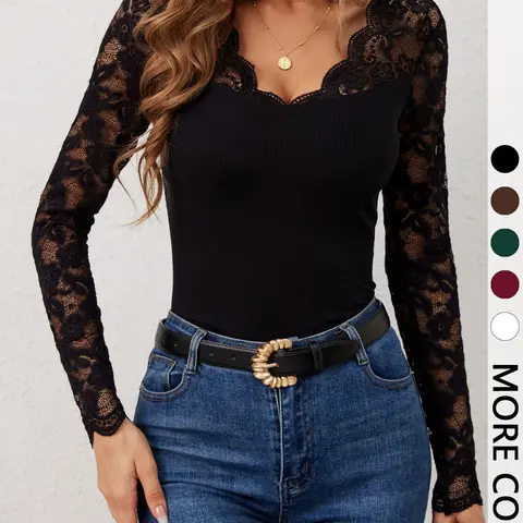 Sexy Lace Patchwork Long Sleeve Elegant Fitted Top, V Neck Slim Fit Elastic Underwear, Transparent Lace Sleeves for Night Out, All Seasons Fashion