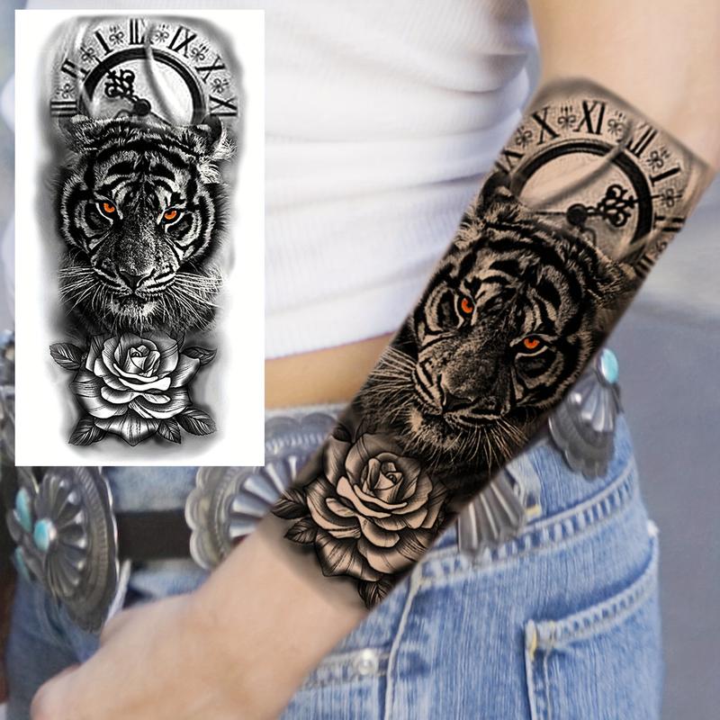 8pcs Half Arm Sleeve Skull & Rose,Animal Pattern Temporary Tattoo Sticker,Body Art Sticker For Women & Men
