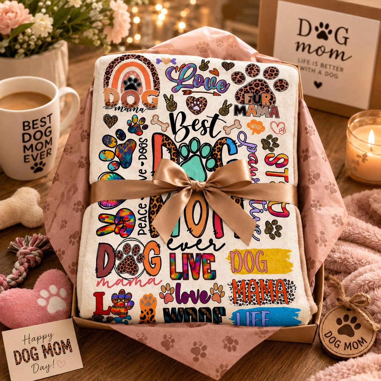 Dog Mom Flannel Blanket with Colorful Paw Prints, Soft Cozy Warm Fleece Throw, Graphic Throw Blanket, Cute Pet Lover Gift for Dog Moms and Animal Lovers, Soft Blankets